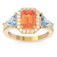 Citrine Ring In 14k Yellow Gold With Aquamarine And Lab Diamond Devi Emerald Three-stone Ring