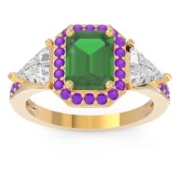 Emerald Ring In 14k Yellow Gold With Lab Diamond And Amethyst Devi Emerald Three-stone Ring