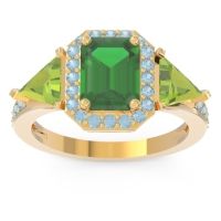 Emerald Ring In 18k Yellow Gold With Peridot And Aquamarine Devi Emerald Three-stone Ring