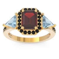 Garnet Ring In 14k Yellow Gold With Aquamarine And Black Onyx Devi Emerald Three-stone Ring
