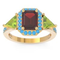 Garnet Ring In 14k Yellow Gold With Peridot And Swiss Blue Topaz Devi Emerald Three-stone Ring