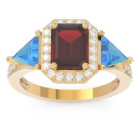 Garnet Ring In 18k Yellow Gold With Swiss Blue Topaz And Lab Diamond Devi Emerald Three-stone Ring