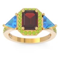 Garnet Ring In 14k Yellow Gold With Swiss Blue Topaz And Peridot Devi Emerald Three-stone Ring