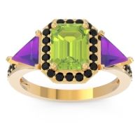 Peridot Ring In 14k Yellow Gold With Amethyst And Black Onyx Devi Emerald Three-stone Ring