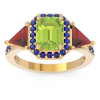Peridot Ring In 14k Yellow Gold With Garnet And Blue Sapphire Devi Emerald Three-stone Ring