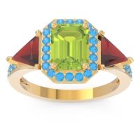 Peridot Ring In 14k Yellow Gold With Garnet And Swiss Blue Topaz Devi Emerald Three-stone Ring