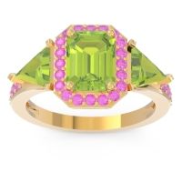 Peridot Ring In 18k Yellow Gold With Pink Tourmaline Devi Emerald Three-stone Ring