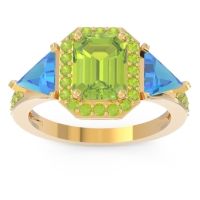 Peridot Ring In 18k Yellow Gold With Swiss Blue Topaz Devi Emerald Three-stone Ring