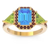 Swiss Blue Topaz Ring In 14k Yellow Gold With Peridot And Garnet Devi Emerald Three-stone Ring