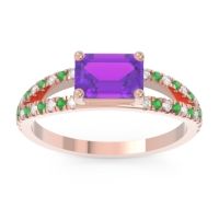 Amethyst Ring In 18K Rose Gold With Lab Diamond And Emerald Makara Emerald Modern Ring