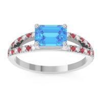 Swiss Blue Topaz Ring In Palladium With Diamond And Ruby Makara Emerald Modern Ring