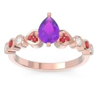 Amethyst Engagement Ring In 14K Rose Gold With Ruby And Diamond - Tsaru Pear Modern Ring