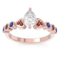 Lab Diamond Ring In 14K Rose Gold With Garnet And Blue Sapphire Tsaru Pear Modern Ring