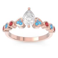 Lab Diamond Ring In 14K Rose Gold With Swiss Blue Topaz And Ruby Tsaru Pear Modern Ring