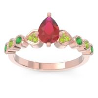 Ruby Ring In 18K Rose Gold With Peridot And Emerald Tsaru Pear Modern Ring