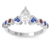 Lab Diamond Ring In 18k White Gold With Blue Sapphire And Garnet Tsaru Pear Modern Ring