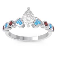 Lab Diamond Ring In 18k White Gold With Swiss Blue Topaz And Garnet Tsaru Pear Modern Ring
