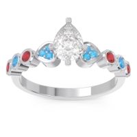 Lab Diamond Ring In Palladium With Swiss Blue Topaz And Ruby Tsaru Pear Modern Ring