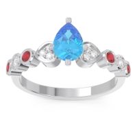 Swiss Blue Topaz Ring In Palladium With Diamond And Ruby Tsaru Pear Modern Ring