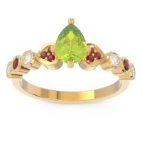 Peridot Engagement Ring In 18k Yellow Gold With Garnet And Diamond - Tsaru Pear Modern Ring