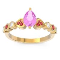 Pink Tourmaline Engagement Ring In 18k Yellow Gold With Ruby And Diamond - Tsaru Pear Modern Ring