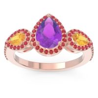 Amethyst Ring In 18K Rose Gold With Citrine And Ruby Varsana Pear Three-stone Ring