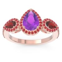 Amethyst Ring In 18K Rose Gold With Garnet And Ruby Varsana Pear Three-stone Ring
