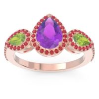 Amethyst Ring In 14K Rose Gold With Peridot And Ruby Varsana Pear Three-stone Ring