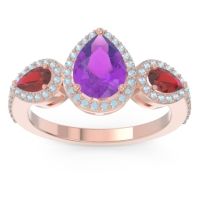 Amethyst Ring In 14K Rose Gold With Ruby And Aquamarine Varsana Pear Three-stone Ring