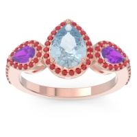 Aquamarine Ring In 18K Rose Gold With Amethyst And Ruby Varsana Pear Three-stone Ring