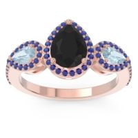 Black Onyx Ring In 14K Rose Gold With Aquamarine And Blue Sapphire Varsana Pear Three-stone Ring