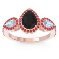 Black Onyx Ring In 14K Rose Gold With Aquamarine And Ruby Varsana Pear Three-stone Ring