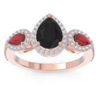 Black Onyx Ring In 14K Rose Gold With Ruby And Aquamarine Varsana Pear Three-stone Ring