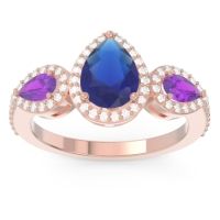 Blue Sapphire Engagement Ring In 14K Rose Gold With Amethyst And Diamond - Varsana Pear Three-stone Ring