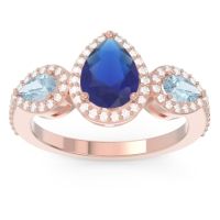 Blue Sapphire Engagement Ring In 14K Rose Gold With Aquamarine And Diamond - Varsana Pear Three-stone Ring