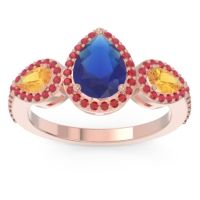 Blue Sapphire Ring In 14K Rose Gold With Citrine And Ruby Varsana Pear Three-stone Ring