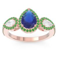 Blue Sapphire Ring In 18K Rose Gold With Lab Diamond And Emerald Varsana Pear Three-stone Ring