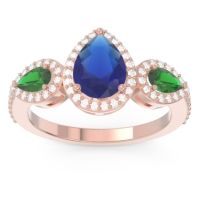 Blue Sapphire Engagement Ring In 14K Rose Gold With Emerald And Diamond - Varsana Pear Three-stone Ring