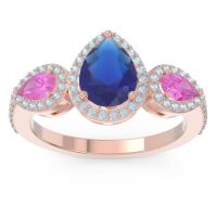 Blue Sapphire Ring In 14K Rose Gold With Pink Tourmaline And Aquamarine Varsana Pear Three-stone Ring