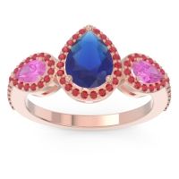 Blue Sapphire Ring In 18K Rose Gold With Pink Tourmaline And Ruby Varsana Pear Three-stone Ring