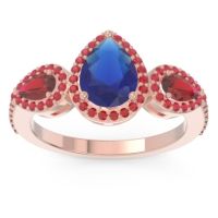 Blue Sapphire Ring In 14K Rose Gold With Ruby Varsana Pear Three-stone Ring
