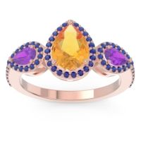 Citrine Ring In 14K Rose Gold With Amethyst And Blue Sapphire Varsana Pear Three-stone Ring