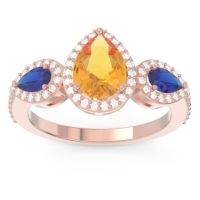 Citrine Engagement Ring In 14K Rose Gold With Blue Sapphire And Diamond - Varsana Pear Three-stone Ring