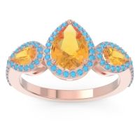 Citrine Ring In 18K Rose Gold With Swiss Blue Topaz Varsana Pear Three-stone Ring