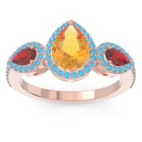 Citrine Ring In 18K Rose Gold With Ruby And Swiss Blue Topaz Varsana Pear Three-stone Ring