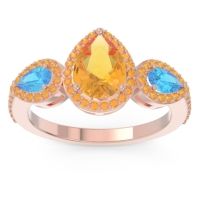 Citrine Ring In 14K Rose Gold With Swiss Blue Topaz Varsana Pear Three-stone Ring