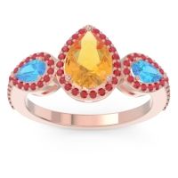 Citrine Ring In 14K Rose Gold With Swiss Blue Topaz And Ruby Varsana Pear Three-stone Ring
