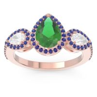 Emerald Ring In 14K Rose Gold With Diamond And Blue Sapphire Varsana Pear Three-stone Ring