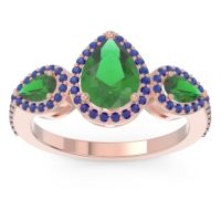 Emerald Ring In 14K Rose Gold With Blue Sapphire Varsana Pear Three-stone Ring