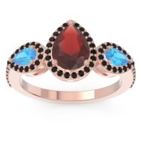 Garnet Ring In 18K Rose Gold With Swiss Blue Topaz And Black Onyx Varsana Pear Three-stone Ring